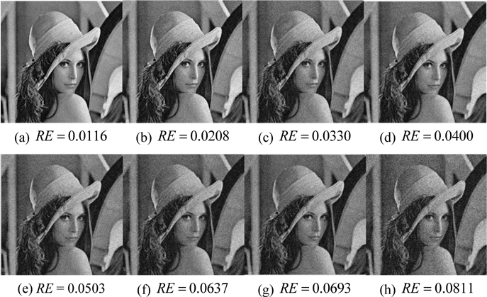 Reconstructed Lena images with different RE values.