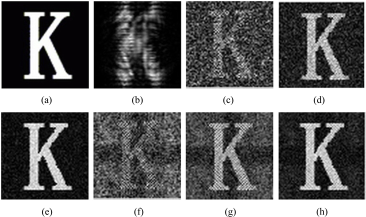 The simulation results using our architecture. (a) Original image of letter K. (b) Digital hologram of letter K. (c) Reconstruction from 2048 (50%) measurements using the method of four-step phase shifting holography based on compressive sensing (CS). (d) Reconstruction from 3276 (80%)) measurements using the method of four-step phase shifting holography based on CS. (e) Reconstruction from 3686 (90%) measurements using the method of four-step phase shifting holography based on CS. (f) Reconstruction from 2457 (60%) measurements using current method of two-step phase shifting holography based on CS. (g) Reconstruction from 3276 (80%) measurements using current method of two-step phase shifting holography based on CS. (h) Reconstruction from 3686 (90%) measurements using current method of two-step phase shifting holography based on CS.