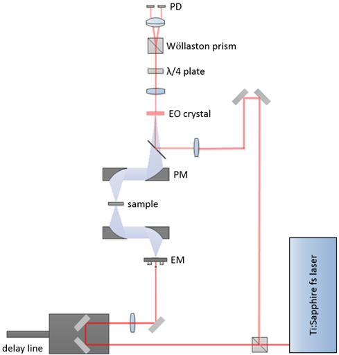 Schematic diagram of the THz-TDS system setup. PD: photodetector, EM: THz emitter, PM: parabolic mirror.