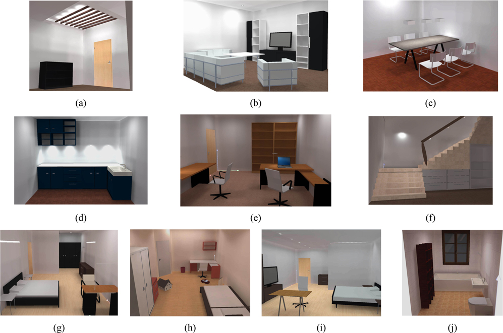 3-D lighting simulation in the: (a) porch, (b) living room, (c) dining room, (d) kitchen, (e) reading room, (f) stairs, (g) master bedroom, (h) children’s room, (i) parents’ room, and the (j) bathroom area.