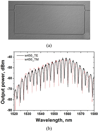 (a) Optical microscope image of the fabricated MZI with the 220 nm×450 nm a-Si:H waveguide and (b) measured output spectra of the MZI. Black solid line and red dotted line are for each of the TE and TM modes, respectively.