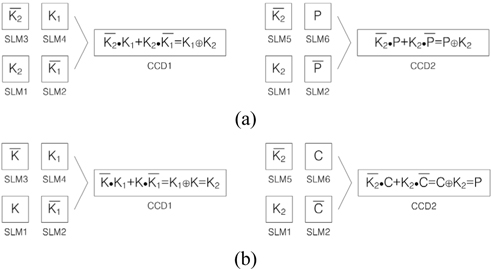 Representations of input SLMs’ data and output CCDs’ data; (a) encryption, (b) decryption.
