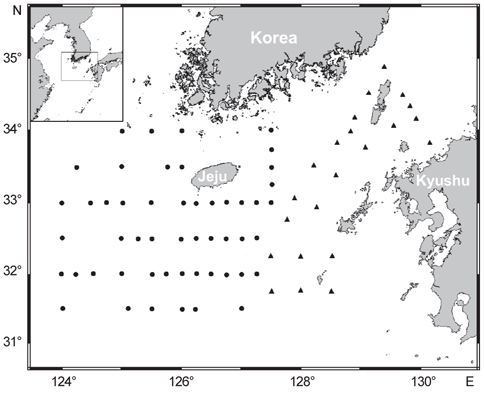 Location map of paralarval sampling stations. Circles denote the stations in northern East China Sea. Triangles represent the stations in the Japanese Exclusive Economic Zone.