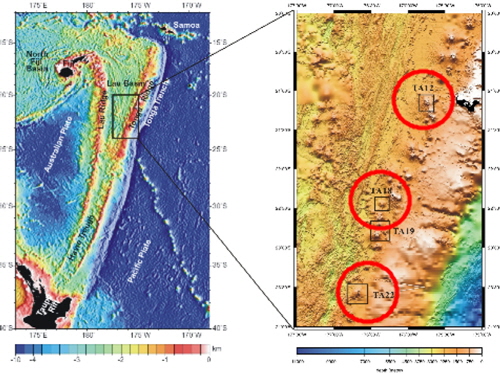 (a) Regional bathymetry map and tectonic setting of the Lau Basin, from Zellmer and Taylor. (b) Detailed bathymetry map of the Lau Basin.