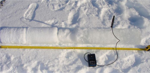 Ice temperature and the thickness measured