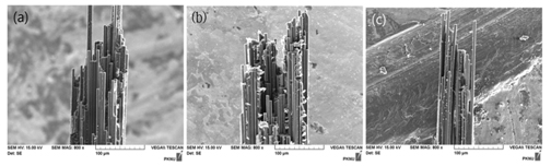 SEM micrographs of the fracture surface of the strand type specimen after immersion of 60days in the saline water at room temperature (a) CFRP (b) CNT/CFRP (c) TiO2/CFRP
