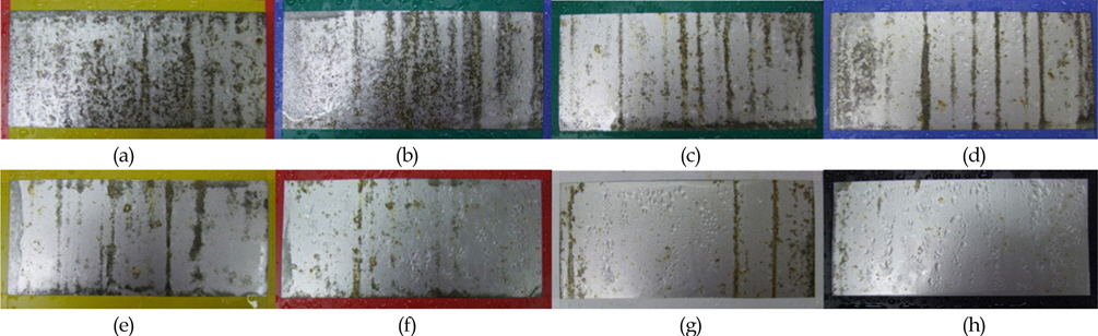 Appearance after 7 hours in salt spray test using heat treated specimen during 1 minute with LR-0727(1) coating. (a) 433K, (b) 443K, (c) 453K, (d) 463K, (e) 473K, (f) 483K, (g) 493K and (h) 503K