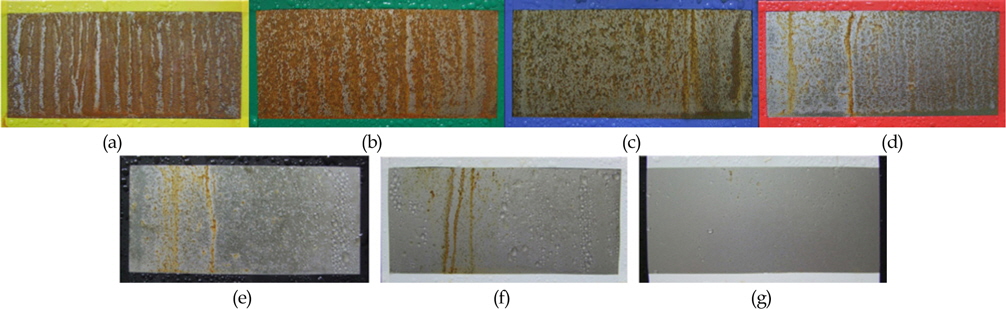 Appearance after 7 hours in salt spray test using heat treated specimen during 3 minute with LR-0727(2) coating. (a) 433K, (b) 443K, (c) 453K, (d) 463K, (e) 473K, (f) 483K and (g) 493K
