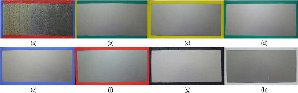 Appearance after 7 hours in salt spray test using heat treated specimen during 7 minute with LR-0727(2) coating. (a) 413K, (b) 423K, (c) 433K, (d) 443K, (e) 453K, (f) 463K, (g) 473K and (f) 483K
