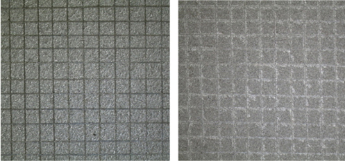 Appearance after adhesion test of LR-0727(2) coating specimens. (a) heat treatment of 3 minutes at 433K, (b) heat treatment of 7 minutes at 483K