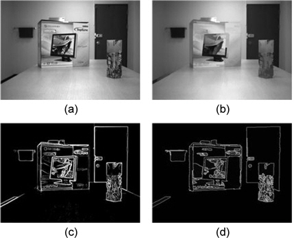 분수령 알고리즘을 이용한 분할 과정 (a) 원영상 (b) 모폴로지 필터를 적용하여 단순화된 영상 (c) 경사 영상 (d) 분할 결과