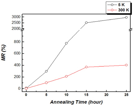 5 K과 300 K에서 측정 된, 열처리 시간에 따른 비스무스 박막의 자기저항 비의 변화 경향