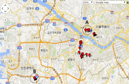 시청 이벤트와 매칭한 GPS 좌표 지도화 예시