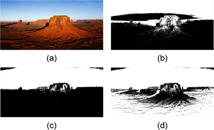 사막 영상 결과 (a) 원본영상 (b) 퍼지 이진화 (c) ART2 임계치 기준 이진화 (d) ART2 기반 이진화