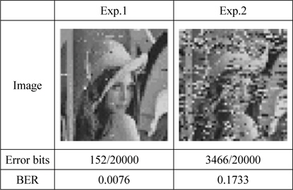 실험 1과 2의 수신 이미지 및 오류율