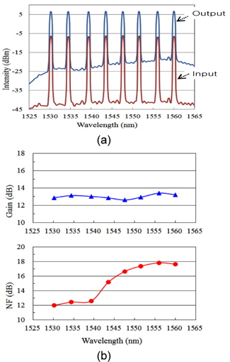 +3 dBm 입력신호에 대한 이득평탄화가 적용된 EDFA의 출력 특성 (a)광스펙트럼 (b) 이득과 잡음지수