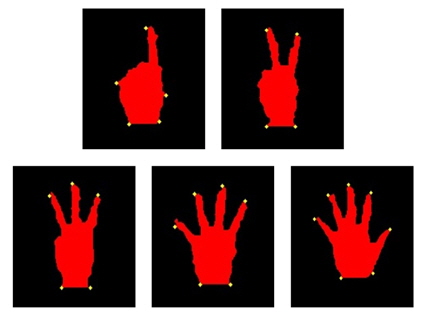 다섯 가지 모델에 대한 검출된 손 영역 및 최소화된 경계점