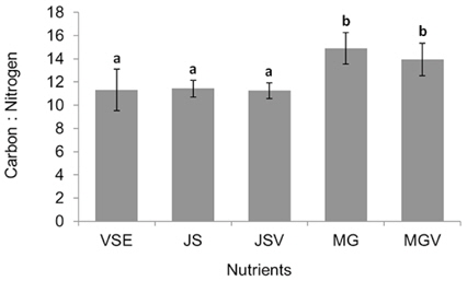 Comparison of C : N ratio of Gracilaria tikvahiae grown at different fertilizers. VSE, von Stosch enrichment media; JS, Jack’s Special only (N : P : K, 21 : 8 : 18); JSV, JS with vitamins; MG, Miracle- Gro only (N : P : K, 24 : 8 : 16); MGV, MG with vitamins. Error bars represent standard deviation. Different letters indicate significant difference at the 0.05 level.