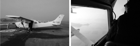 Cessna 206 single engine aircraft with four-seat, used in aerial survey for finless porpoise Neophocaena asiaeorientalis (left). Aerial sea view from the aircraft (right).