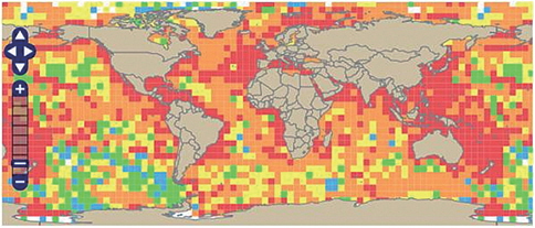 Global map of threat of bio-diversity using the Shannon-Weaver Index (Source: www.coml.org) (Red-Threat, Green-Not Bad).