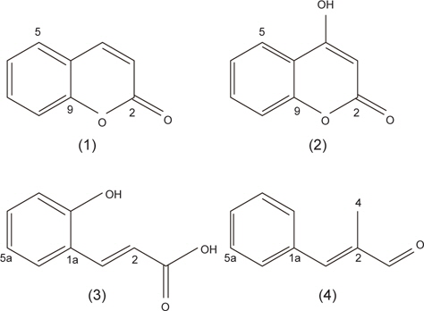 Structures of coumarin and derivatives isolated from a cinnamon extract. (1); coumarin, (2); hydroxylcoumarin, (3); coumaric acid, (4); cinnamaldehyde.
