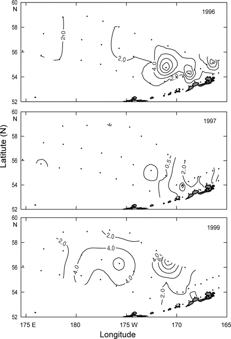 Distribution of chlorophyll a (μg L-1) on the surface in the survey area during May-June in 1996, 1997, and 1999.