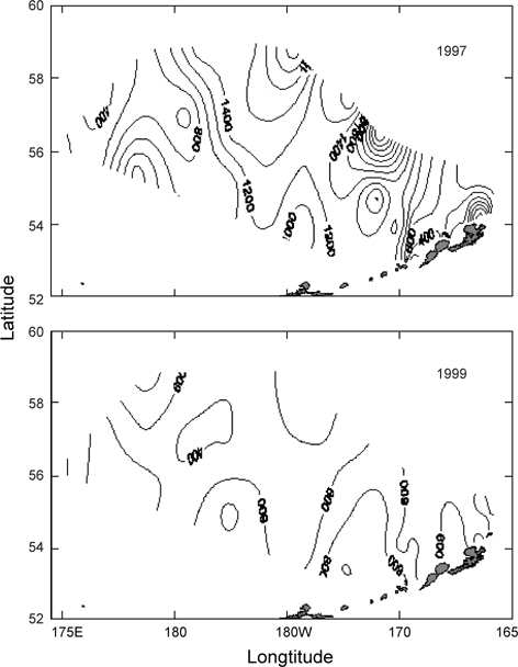 Distribution of zooplankton (mgm-3) in the survey area during May-June in 1997 and 1999.