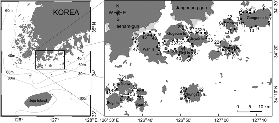 A map showing the location of study area and the sampling sites for analyzing the trace metals in intertidal sediment of coastal islands in the southern region of Jeollanam Province in November 2009.