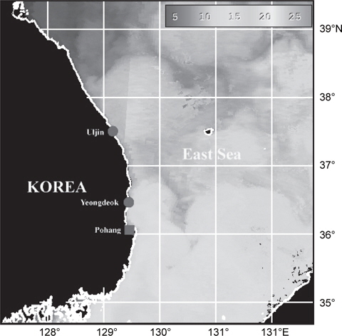 Map showing sampling area of Giant squid Architeuthis sp. and Oarfish Regalecus russellii in East Sea, Korea (■Giant squid, ●Oarfish).