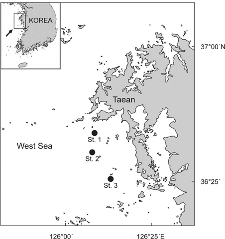 Map showing the sampling station in the coastal waters off Taean peninsula, in the West Sea of Korea.