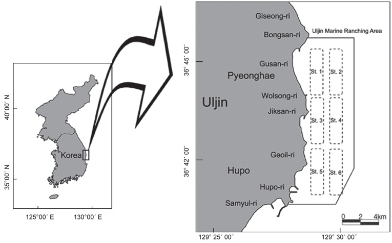 Map showing the sampling station in the Uljin marine ranching area, Korea.