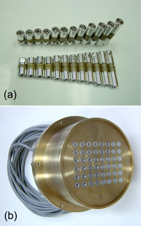 Photographs of individual tonpilz transducer elements and a completed broadband ultrasonic mosaic transducer. (a) 12 tonpilz transducer elements with different resonance frequencies. (b) Actual view of the newly developed broadband ultrasonic mosaic transducer.