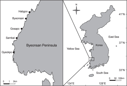 A map of sampling sites and the location in Byeonsan Peninsula, Korea.