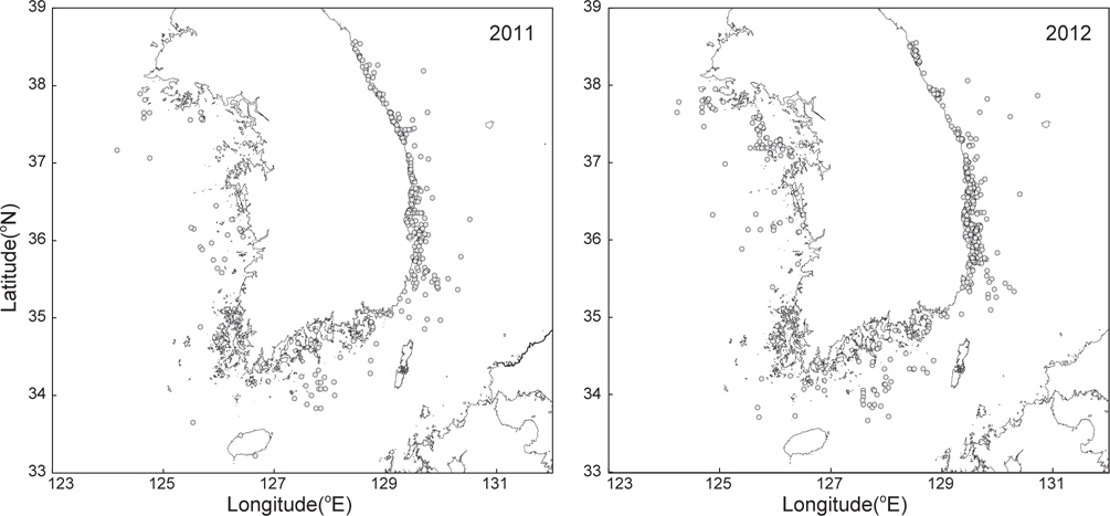 Locations of cetacean bycatches in Korean Waters from 2011 to 2012.