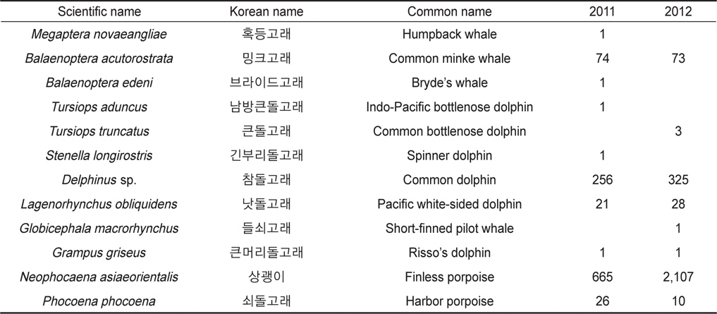 Cetacean bycatches during 2011-2012 around Korean waters