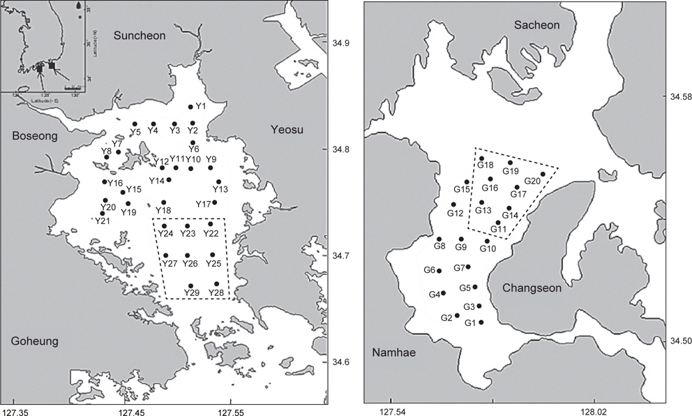Sampling locations of sediments and porewater from Yeoja Bay (left) and Gangjin Bay (right), Korea. The rectangles indicate referenc e sites without farming activities.