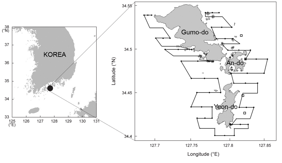 Map of the survey area. The transect line is the acoustic survey for detecting fish schools in the marine ranching area (MRA) of Yeosu. The points indicate CTD stations and the open squares represent catch data collection stations. The crosses indicate the locations of artificial reef installations.