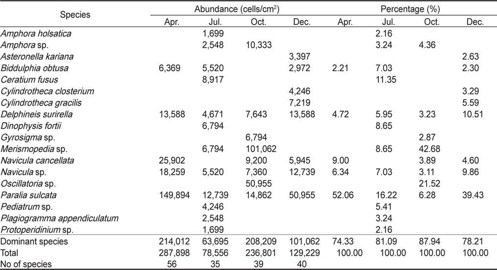 Seasonal average abundance and percentage of dominant microphytobenthos species (>2%) growing at three intertidal shore levels of Jinsanri, Taean, Korea