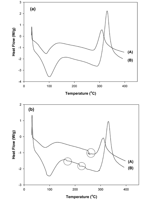 DSC thermograms (in N2) of (a) dry and (b) wet chitosan fibers: (A) 10°C/min and (B) 30°C/min.