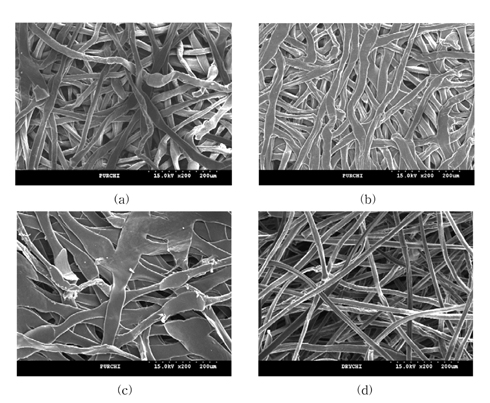 SEM image of the surface of chitosan non-woven fabric ？ (a) WCNF-160, (b) WCNF-180, (c) WCNF-200, and (d) DCNF-200.
