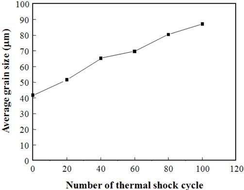 Grain size of 316 stainless steels depending on the increase of thermal shock cycle number at the thermal shock temperature difference of 700°C