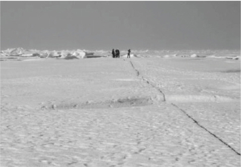 Marked track line on ice floe at #1 test (Kim et al., 2011)