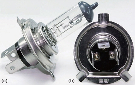 55 W halogen lamp for the headlight of passenger cars (a) Side view and (b) Rear view.