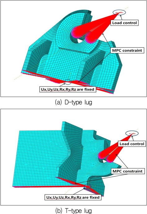 Definition of boundary and loading conditions for D and T type lugs