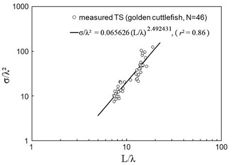 Relationship between σ/λ2 and L/λ for the dataset of 46 cuttlefishes Sepia esculenta obtained by combining 120 kHz data (Fig. 5) with 70 kHz data (Fig. 4), where σ is the scattering cross-sectional area (m2), L is the mantle length (m), and λ is the acoustic wavelength (m). An empirical equation showing the variation of TS (or σ) versus L and λ is indicated.