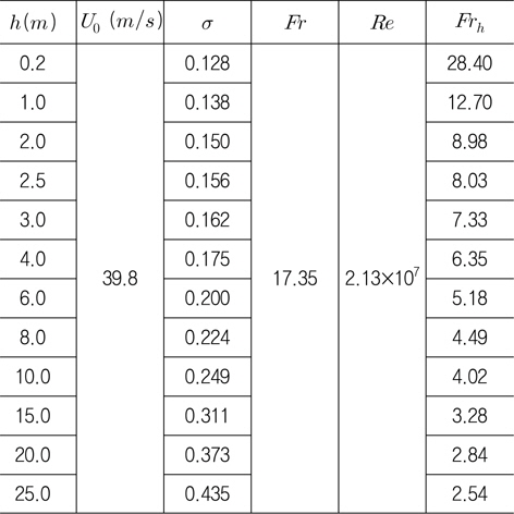 Calculation conditions of cavity flow for 30° wedge under free surface (U0=39.8m/s )