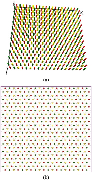 The structure of the triple-triangular-lattice PC: (a) three-dimensional, (b) two-dimensional.