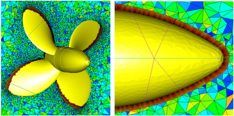 Anisotropic boundary layer resolving grids around 4-blade propeller
