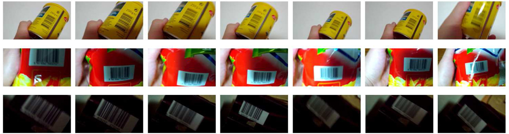 Sample frames from additional barcode videos with severe illumination and pose changes.