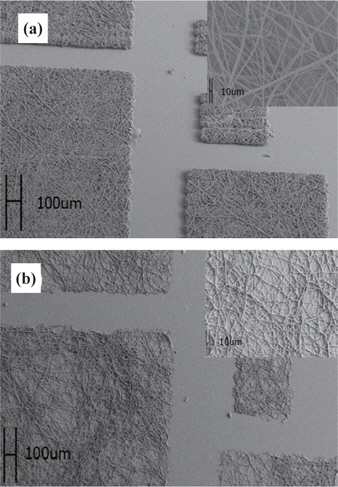 SEM images of patterned SU-8 fibers and morphology of carbon nanofibers after pyrolysis (a) SU-8 electrospun fibers before pyrolysis and (b) SU-8 electrospun fibers after pyrolysis.